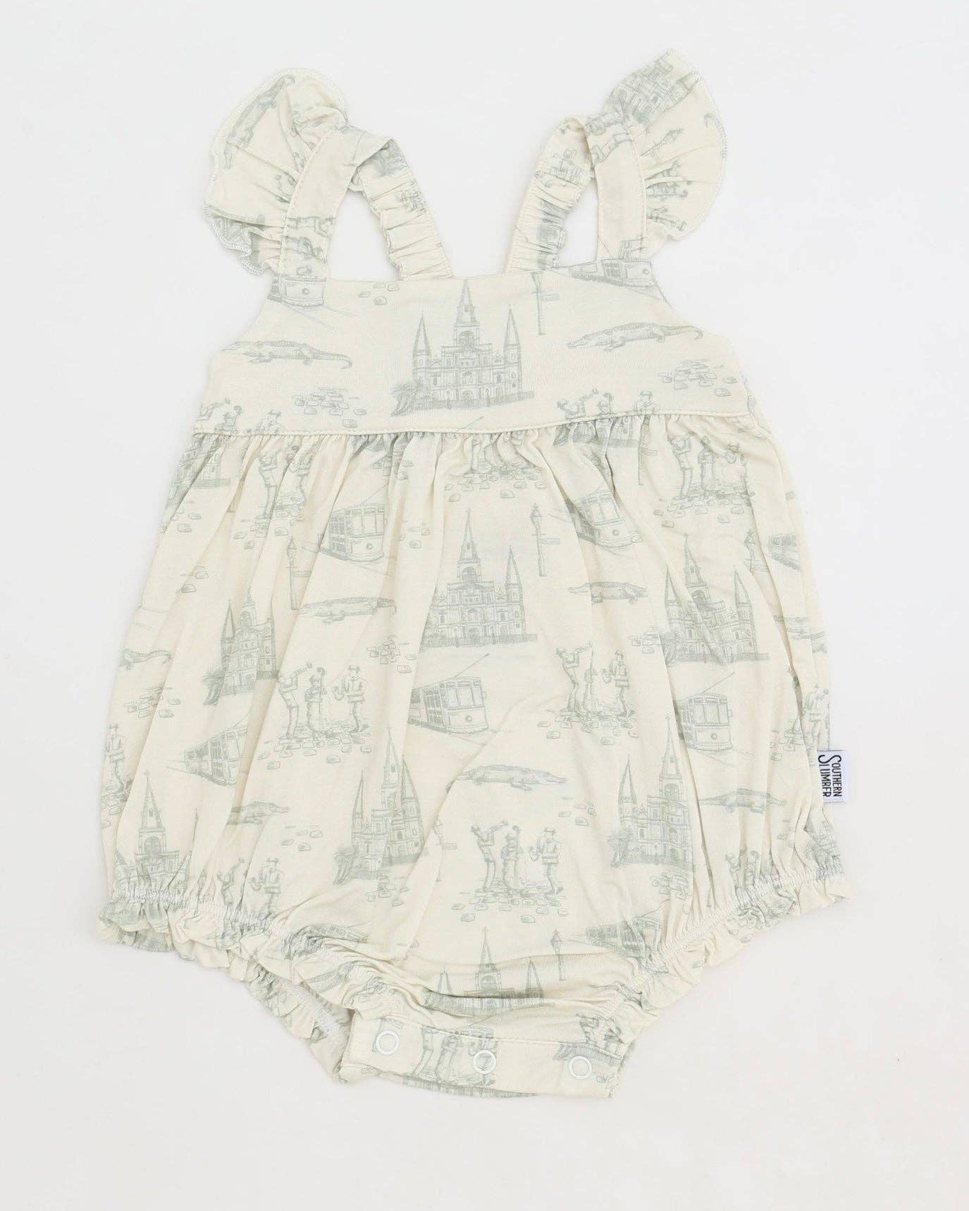 Sage Toile Bamboo Ruffle Romper with Snaps